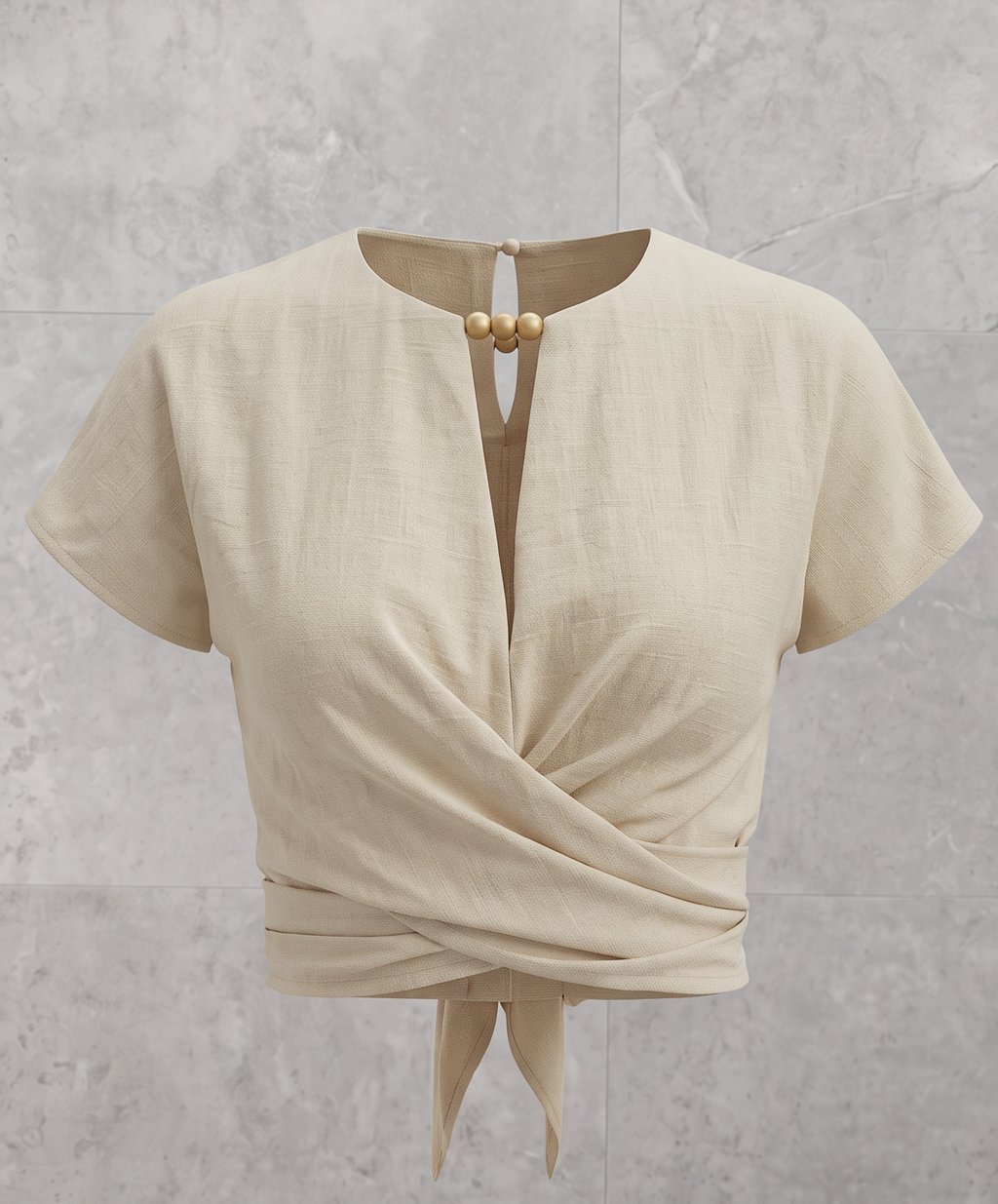 Tie-Back Wrap Crop Short Sleeve Blouse