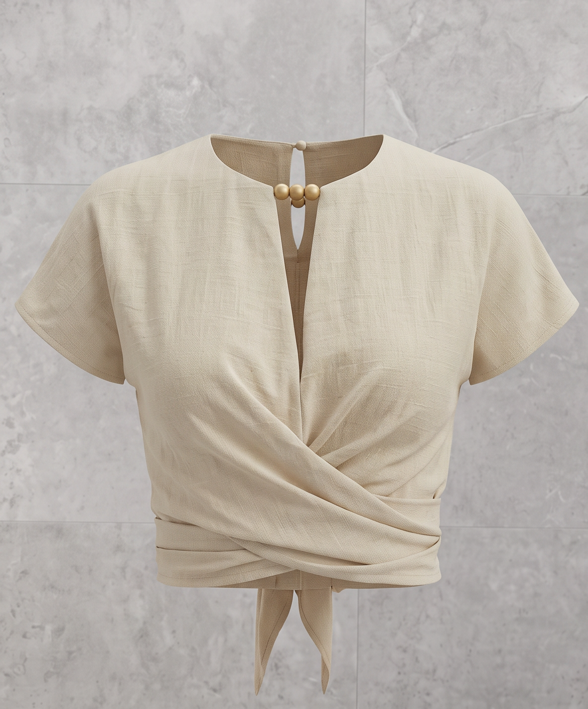 Tie-Back Wrap Crop Short Sleeve Blouse