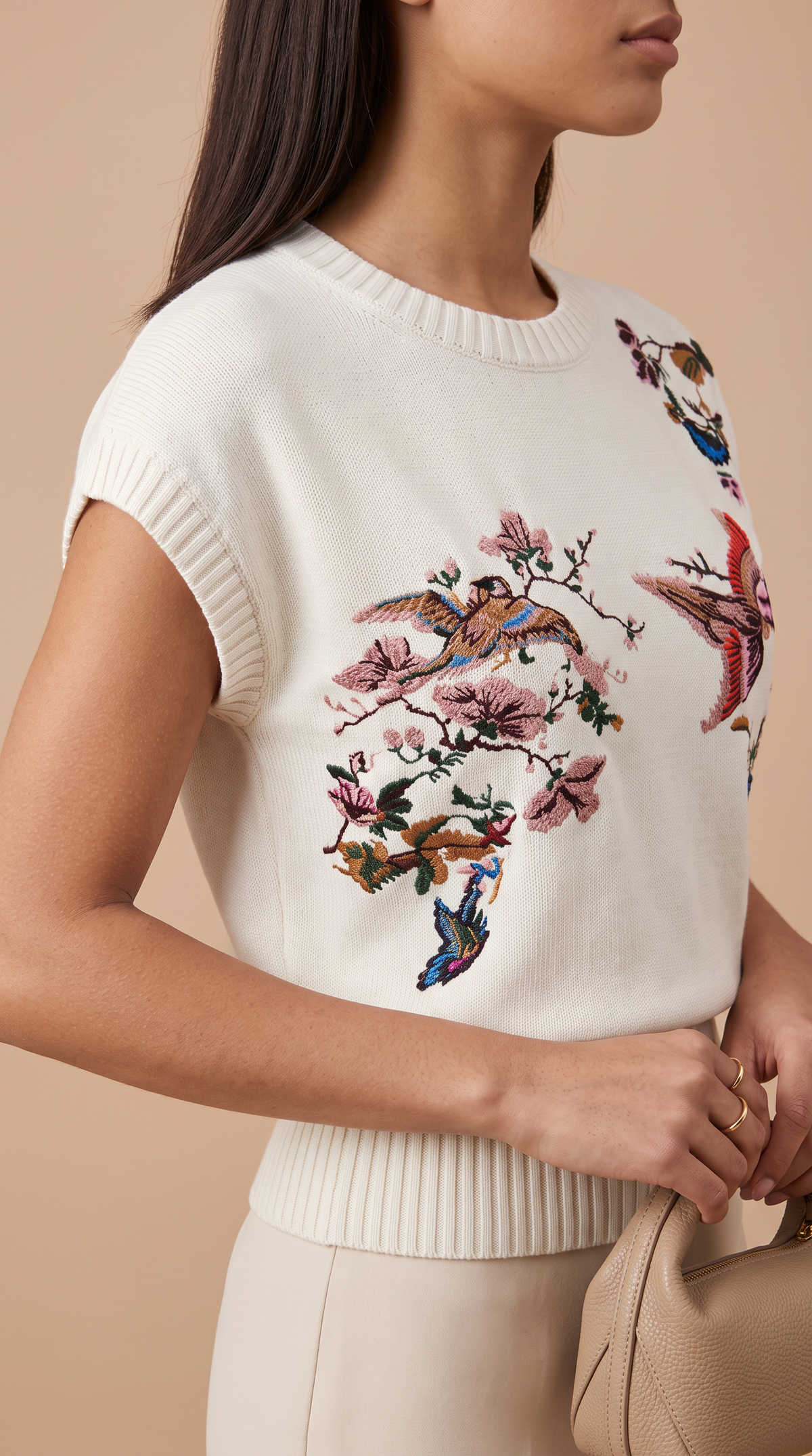 Embroidered Floral Bird Knit Vest