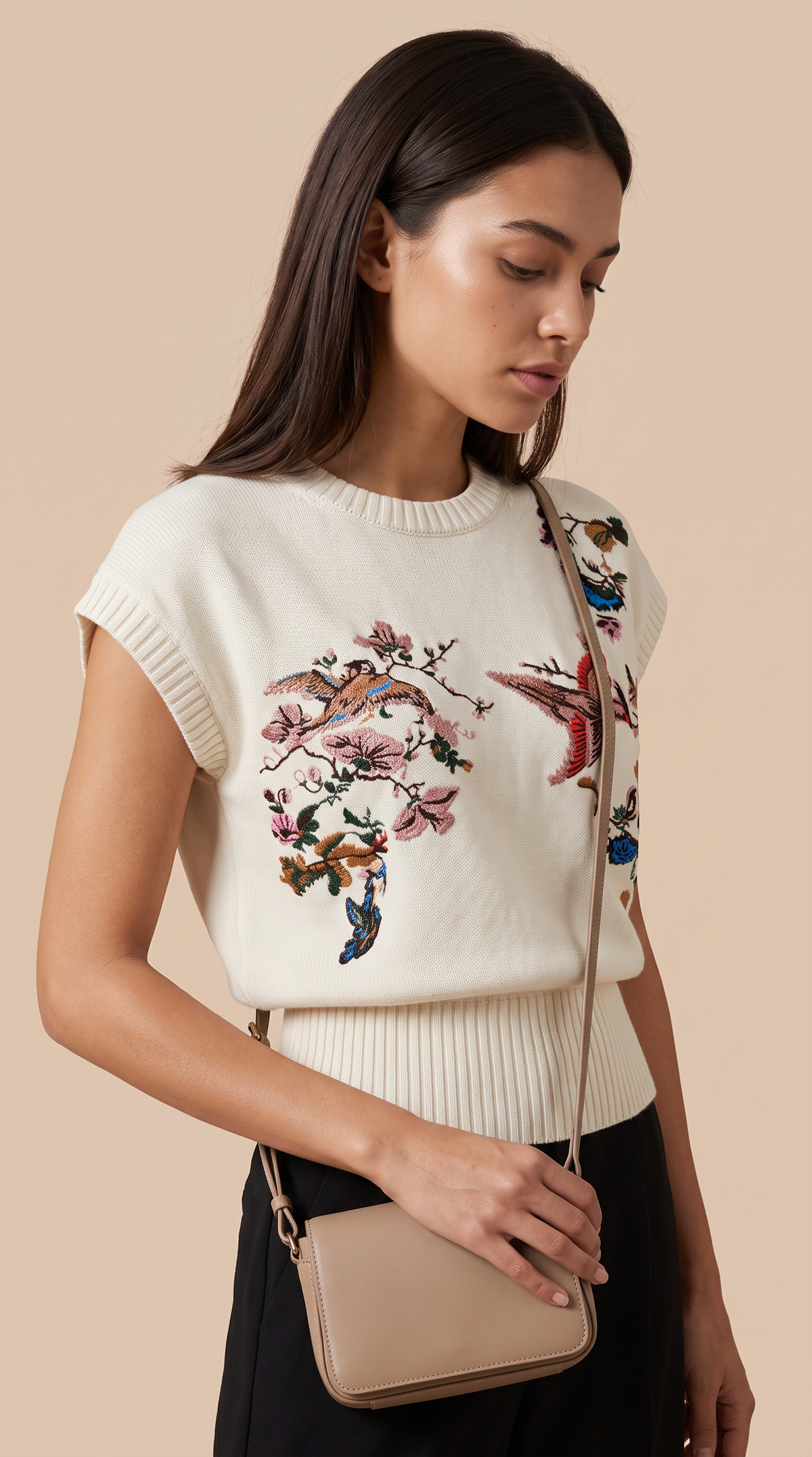 Embroidered Floral Bird Knit Vest