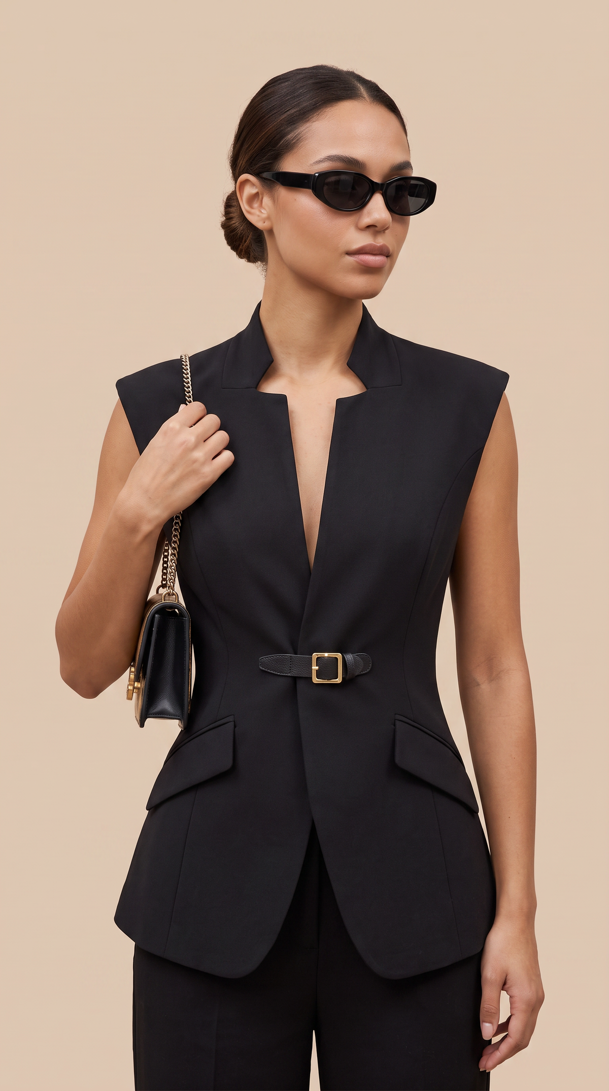 Notch Lapel Buckle Detail Blazer Vest
