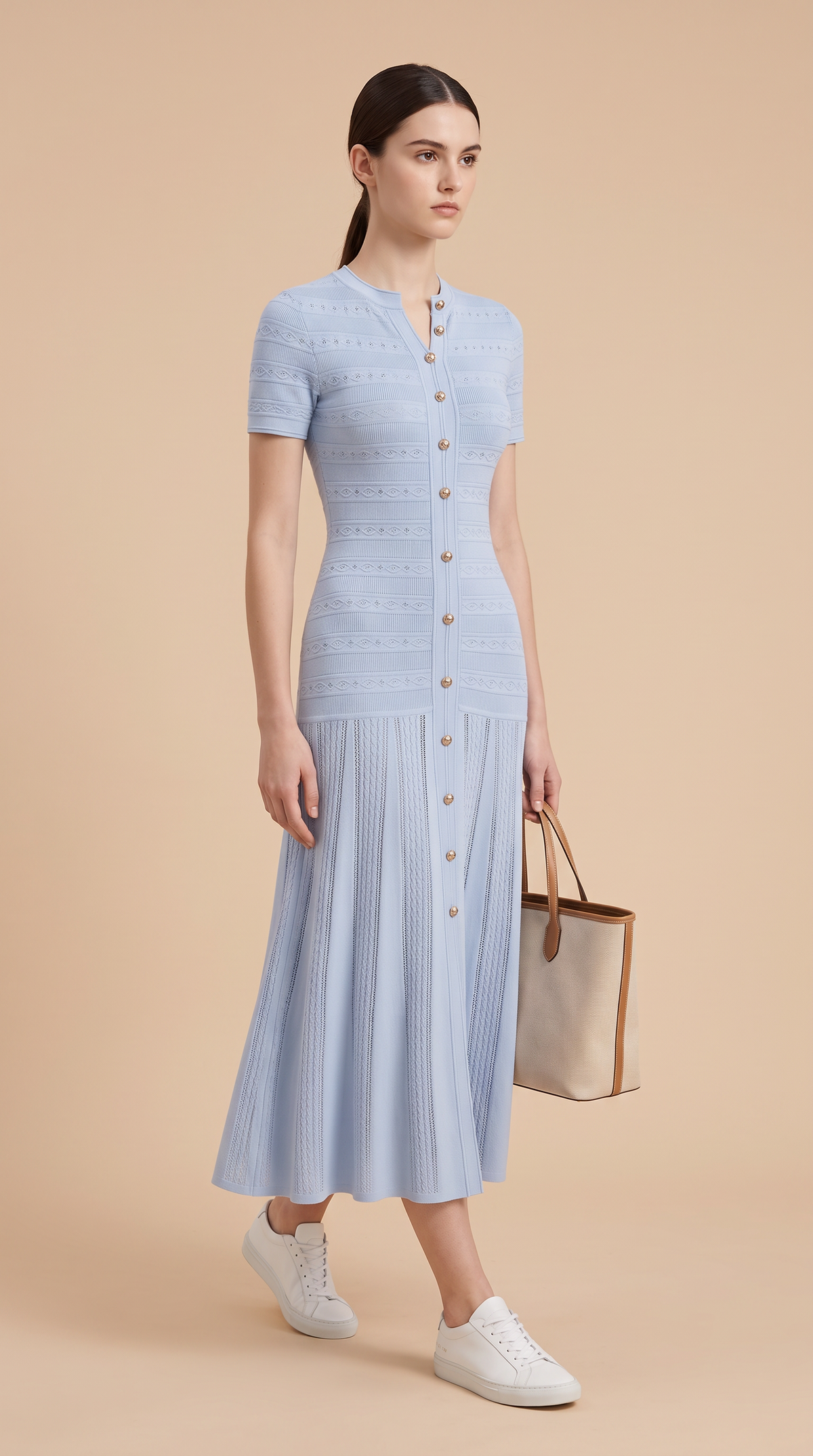 Short Sleeve Textured Knit Midi Dress