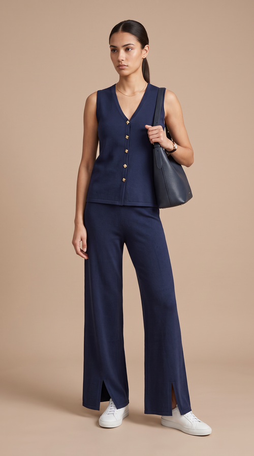 Golden Button Knit Vest Pants Set