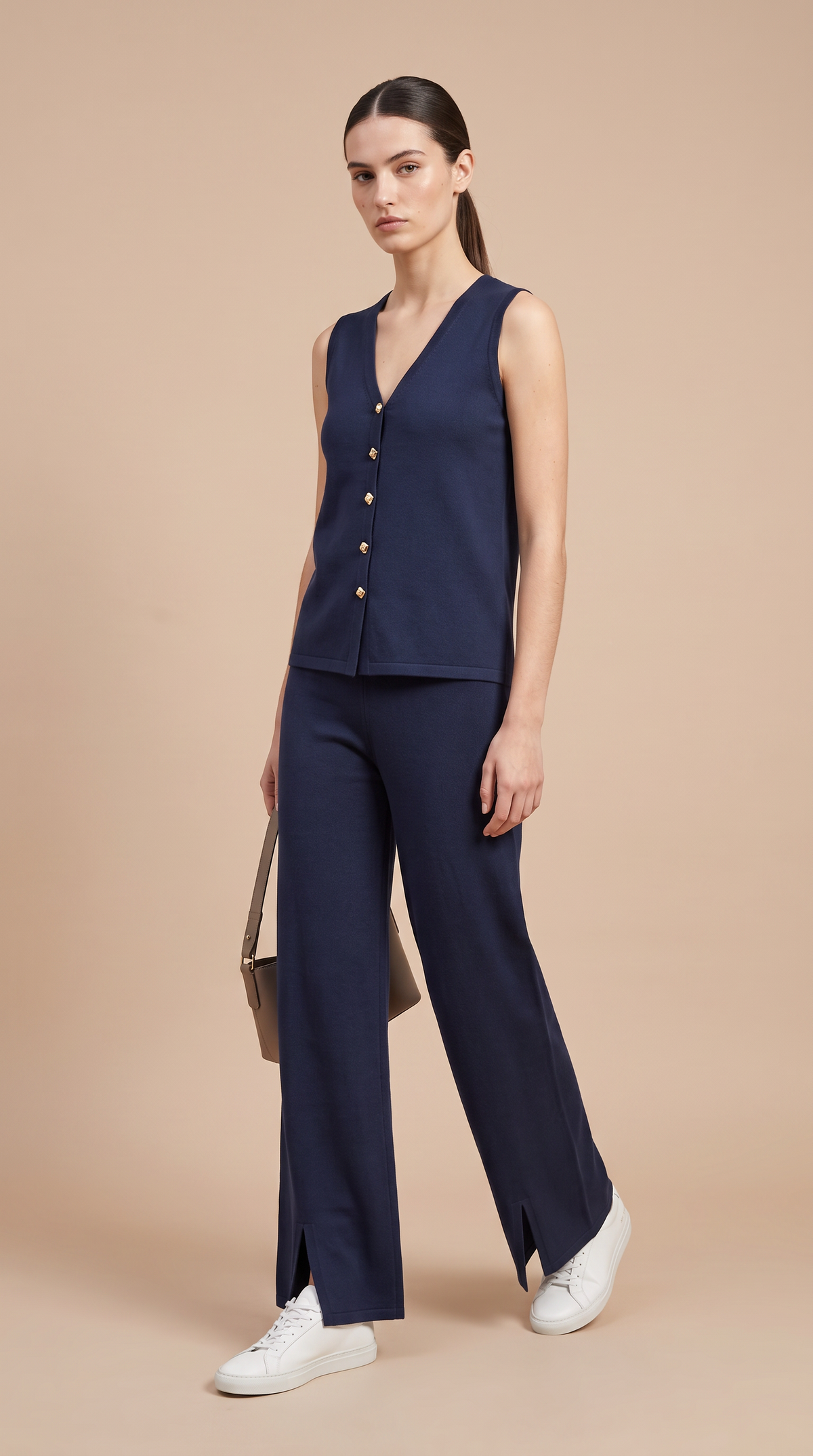 Golden Button Knit Vest Pants Set