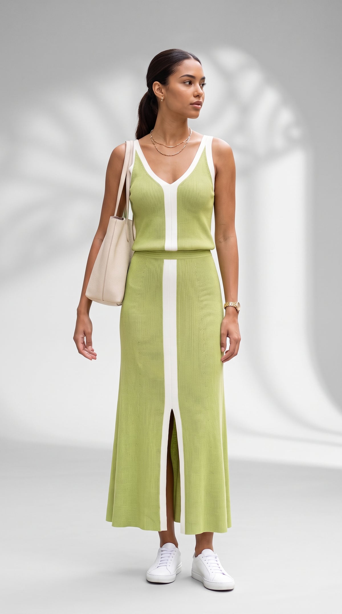 Contrast Trim Slit-Front Ribbed Knit Maxi Dress
