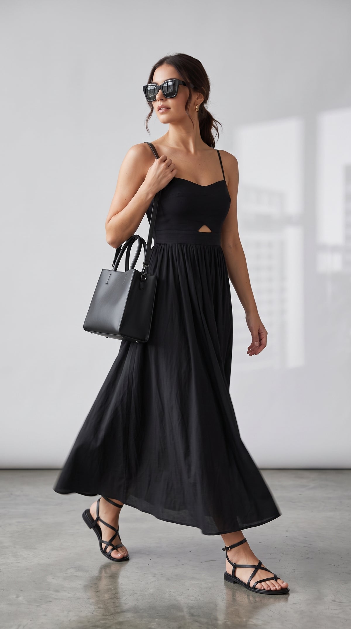 Cotton Sleeveless Pockets Cutout Long Dress