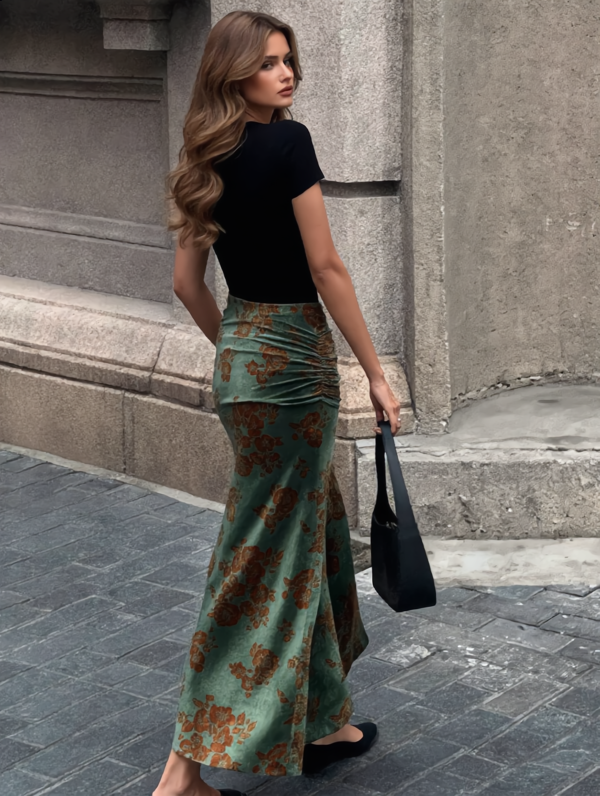Floral Jacquard Ruched Maxi Skirt