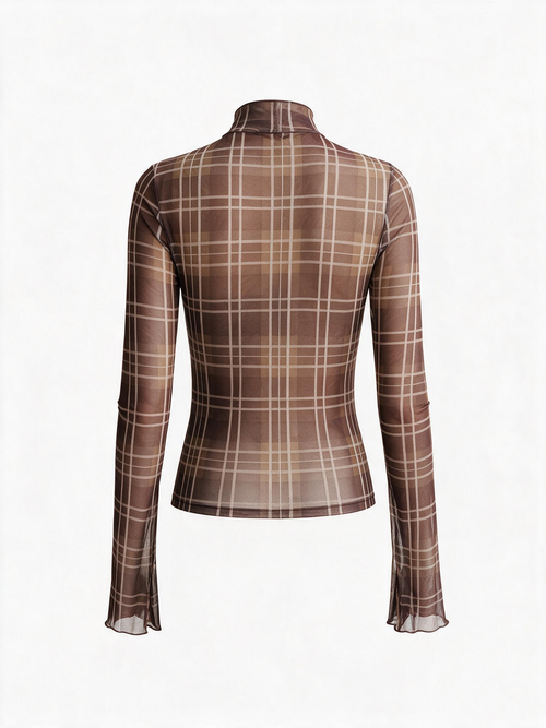 Plaid Mesh Turtleneck Blouse