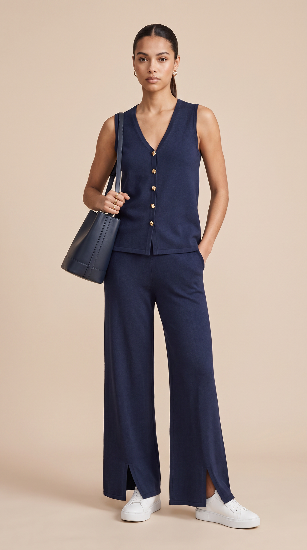 Golden Button Knit Vest Pants Set