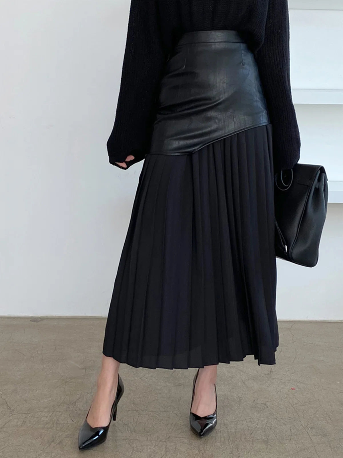 Asymmetric Patchwork Faux Leather Chiffon Pleated Maxi Skirt