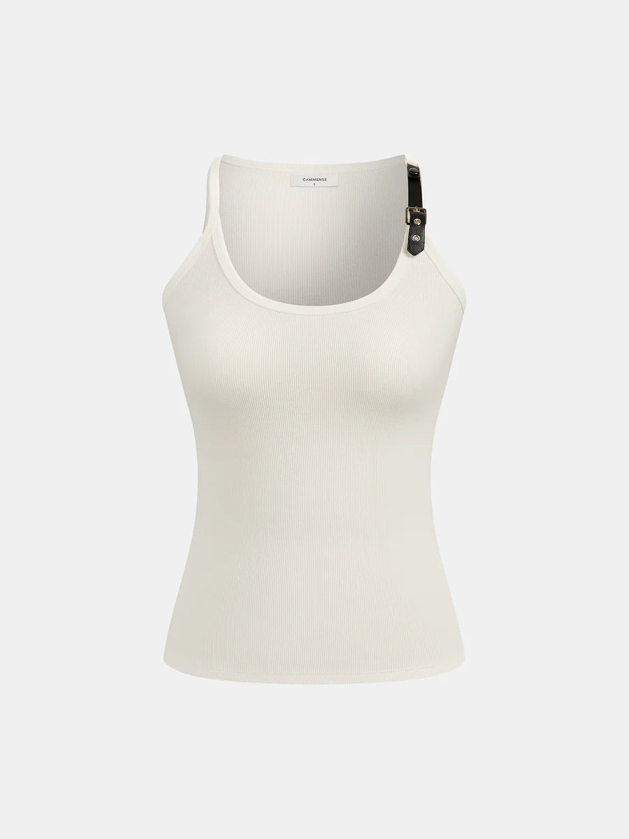 Ribbed Stretchy Faux Leather Buckle Vintage Tank Top