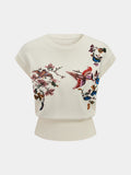 Embroidered Floral Bird Knit Vest