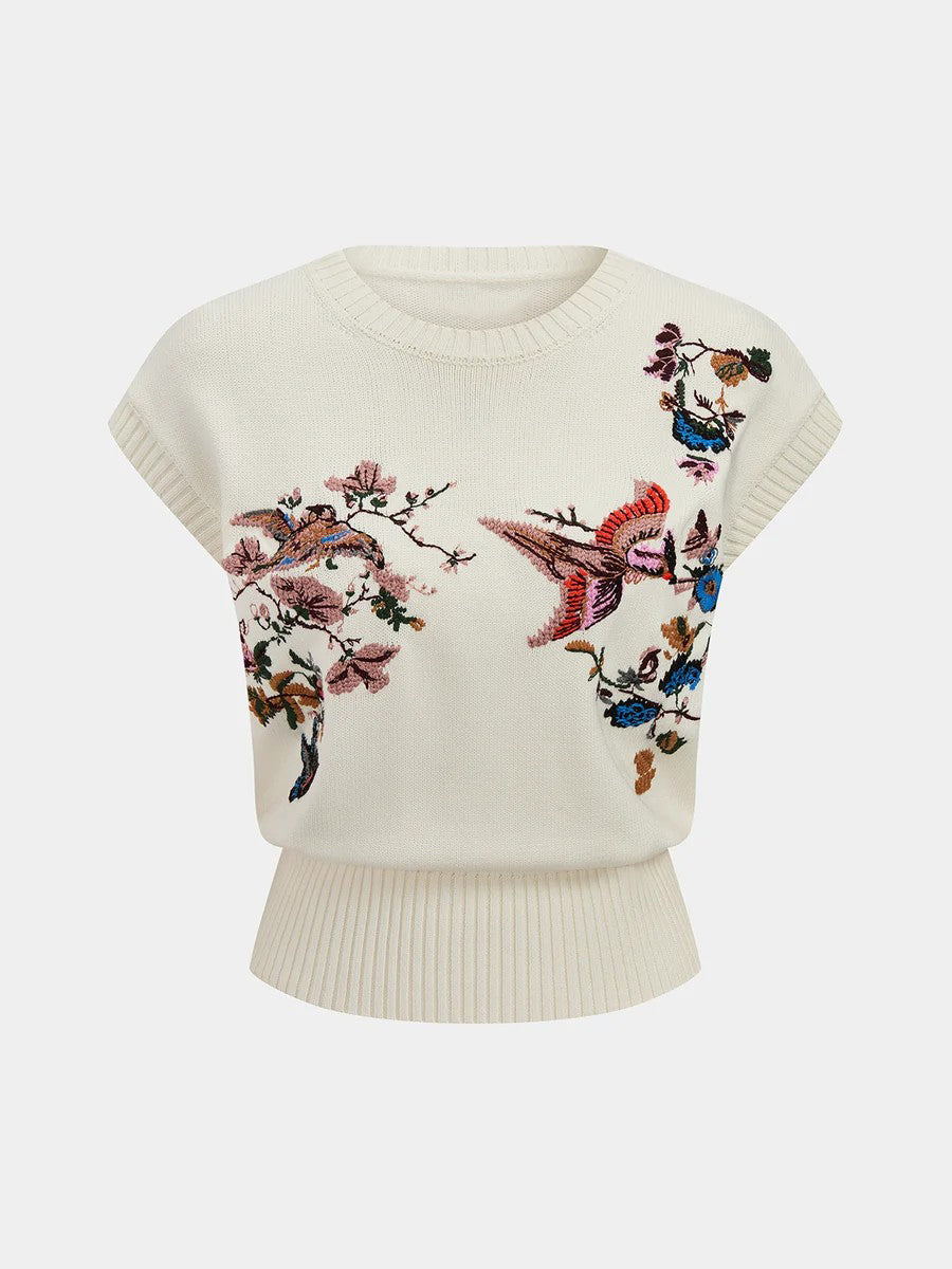 Embroidered Floral Bird Knit Vest