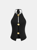 Cut-Out Floral Button Knit Halter Top