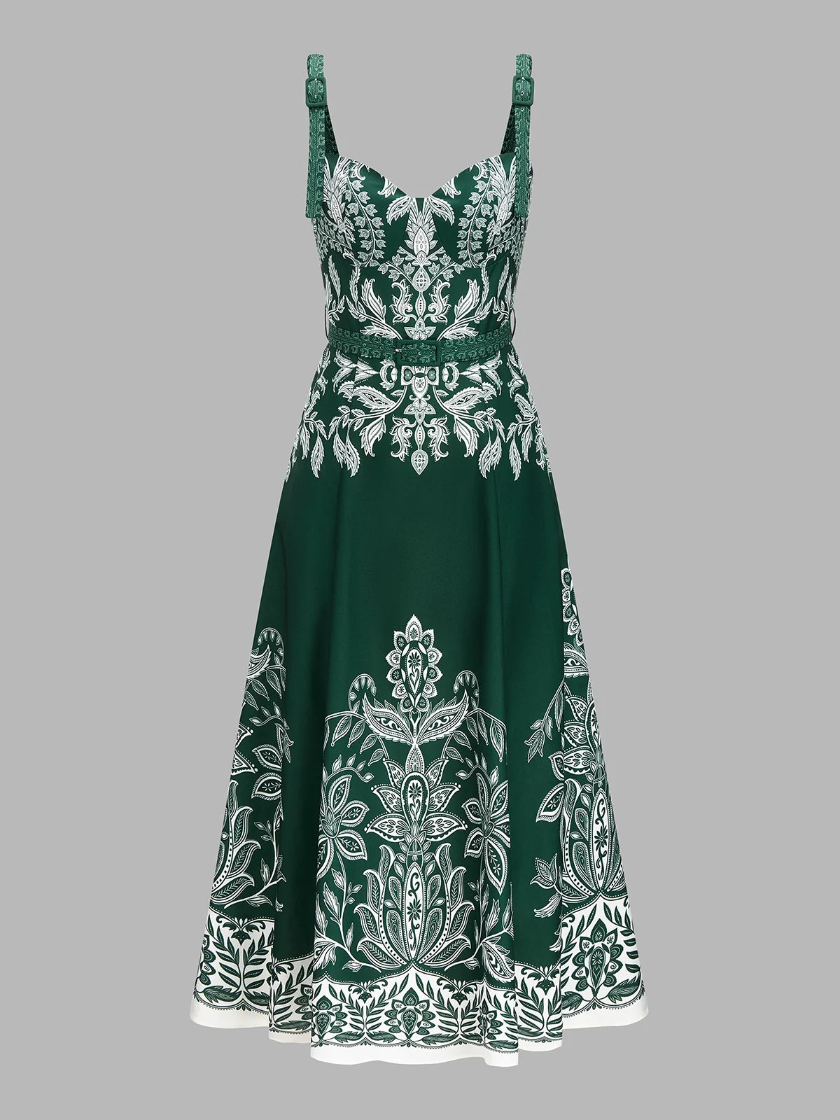Baroque Floral Print Belted Cami Maxi Dress