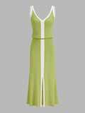 Contrast Trim Slit-Front Ribbed Knit Maxi Dress
