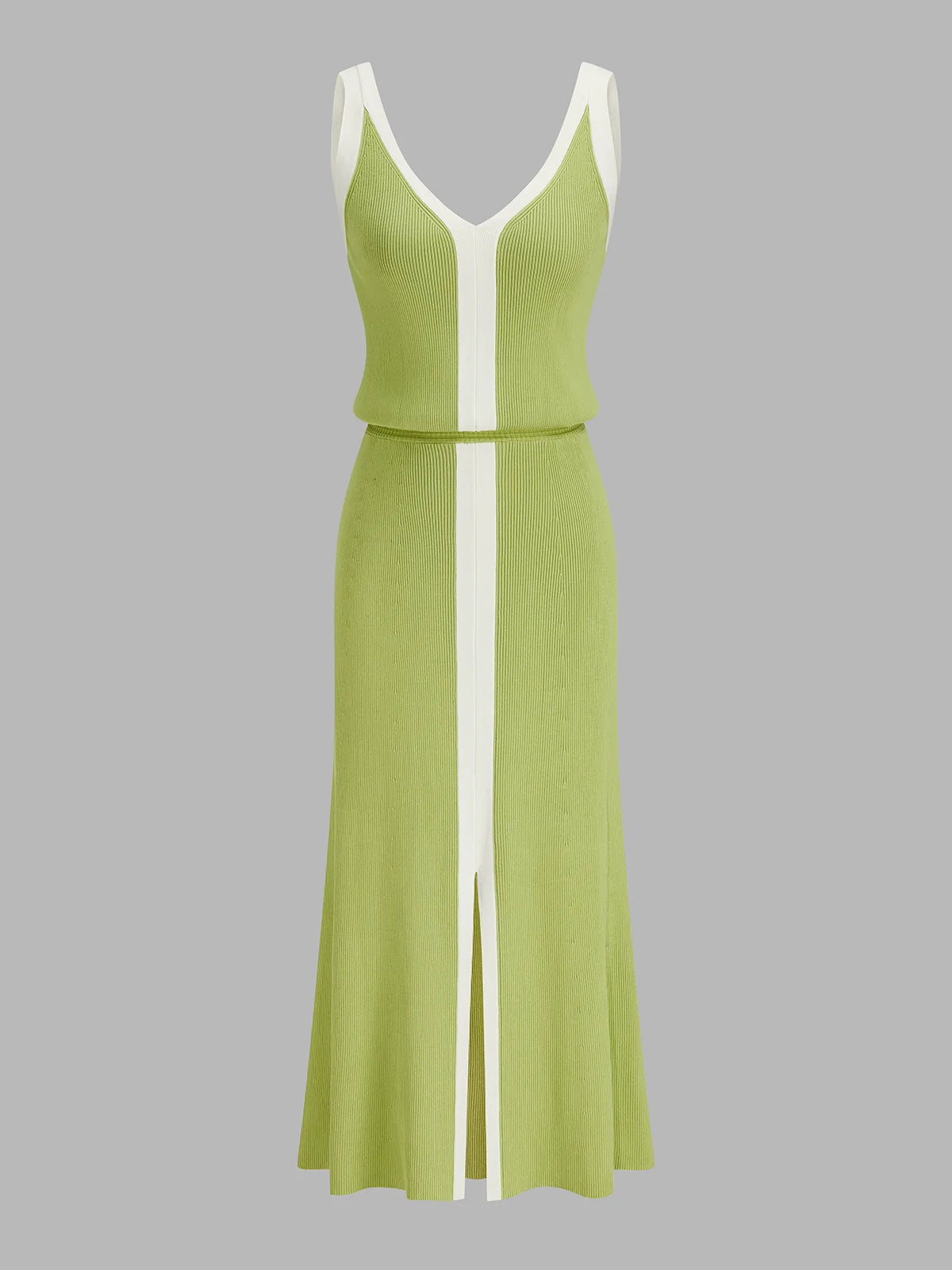 Contrast Trim Slit-Front Ribbed Knit Maxi Dress
