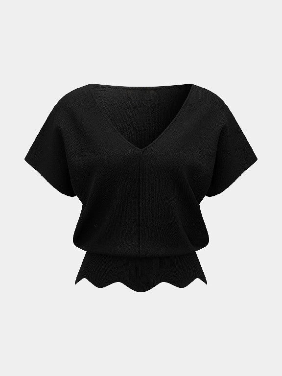 V-Neck Scalloped Hem Knit Top