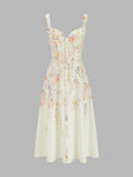 Floral Bird Print Bustier Strap Midi Dress