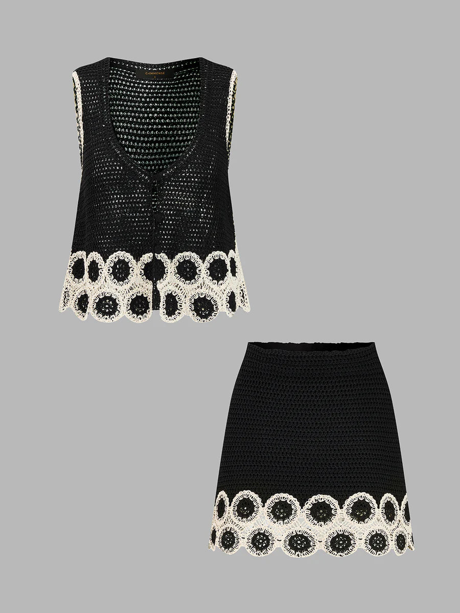Crochet Lace Trim Sleeveless Vest & Mini Skirt Set