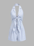 Halter Tie Front Striped Romper