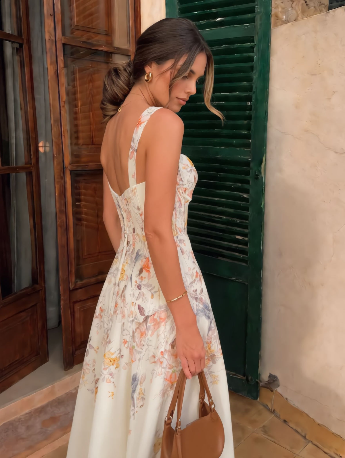 Floral Bird Print Bustier Strap Midi Dress