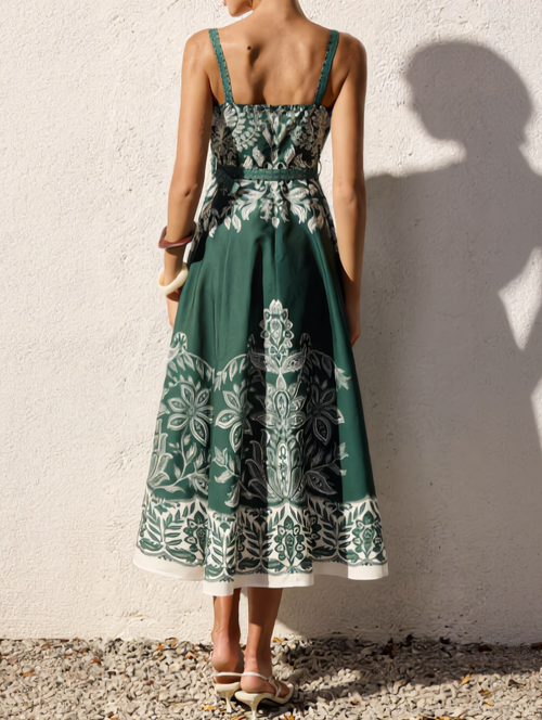 Baroque Floral Print Belted Cami Maxi Dress