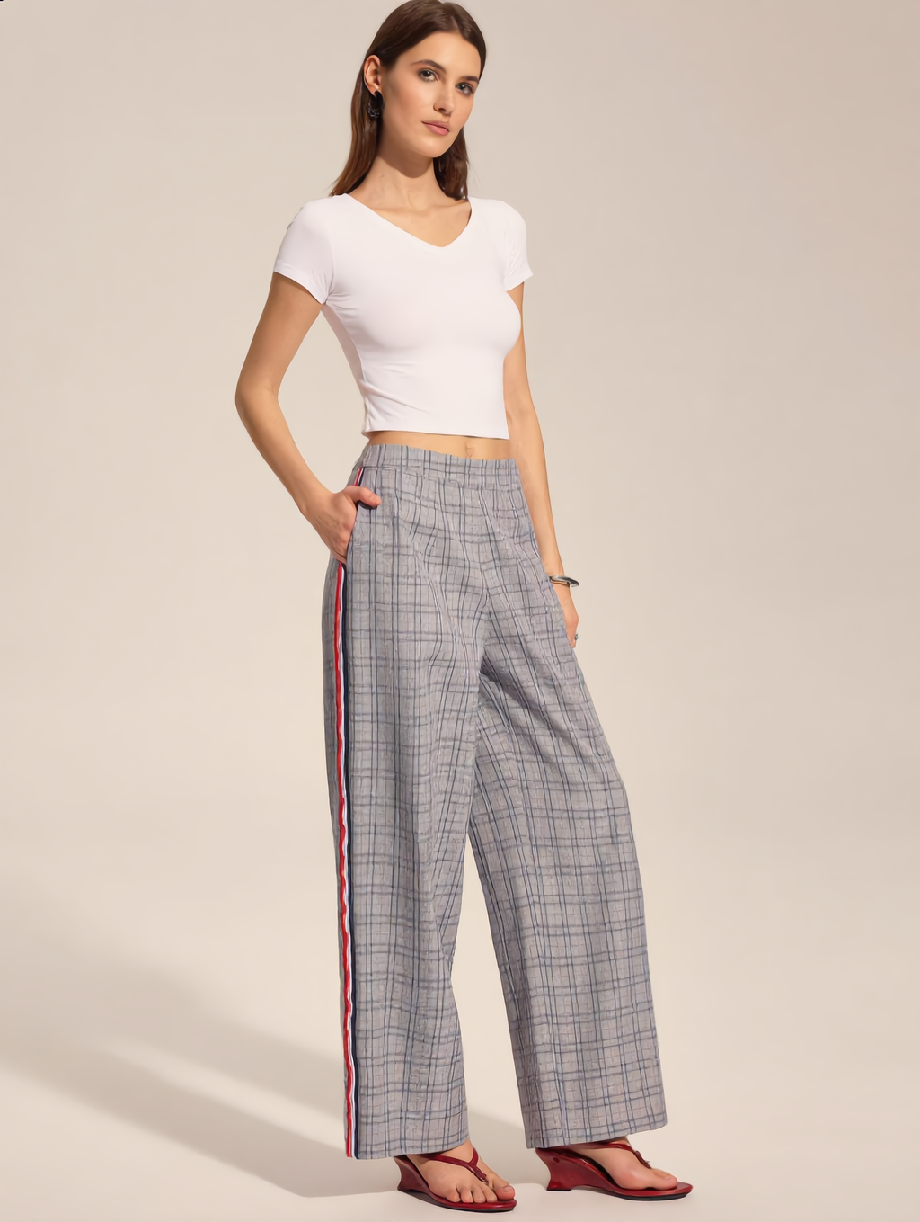 Plaid Side Stripe Straight Leg Pants