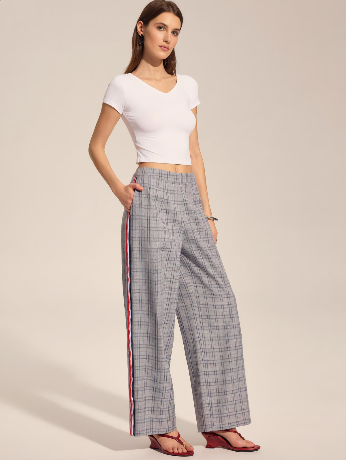 Plaid Side Stripe Straight Leg Pants