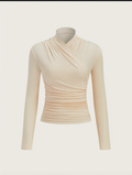 Cross-Over Collar Pleated Cinched T-Shirt