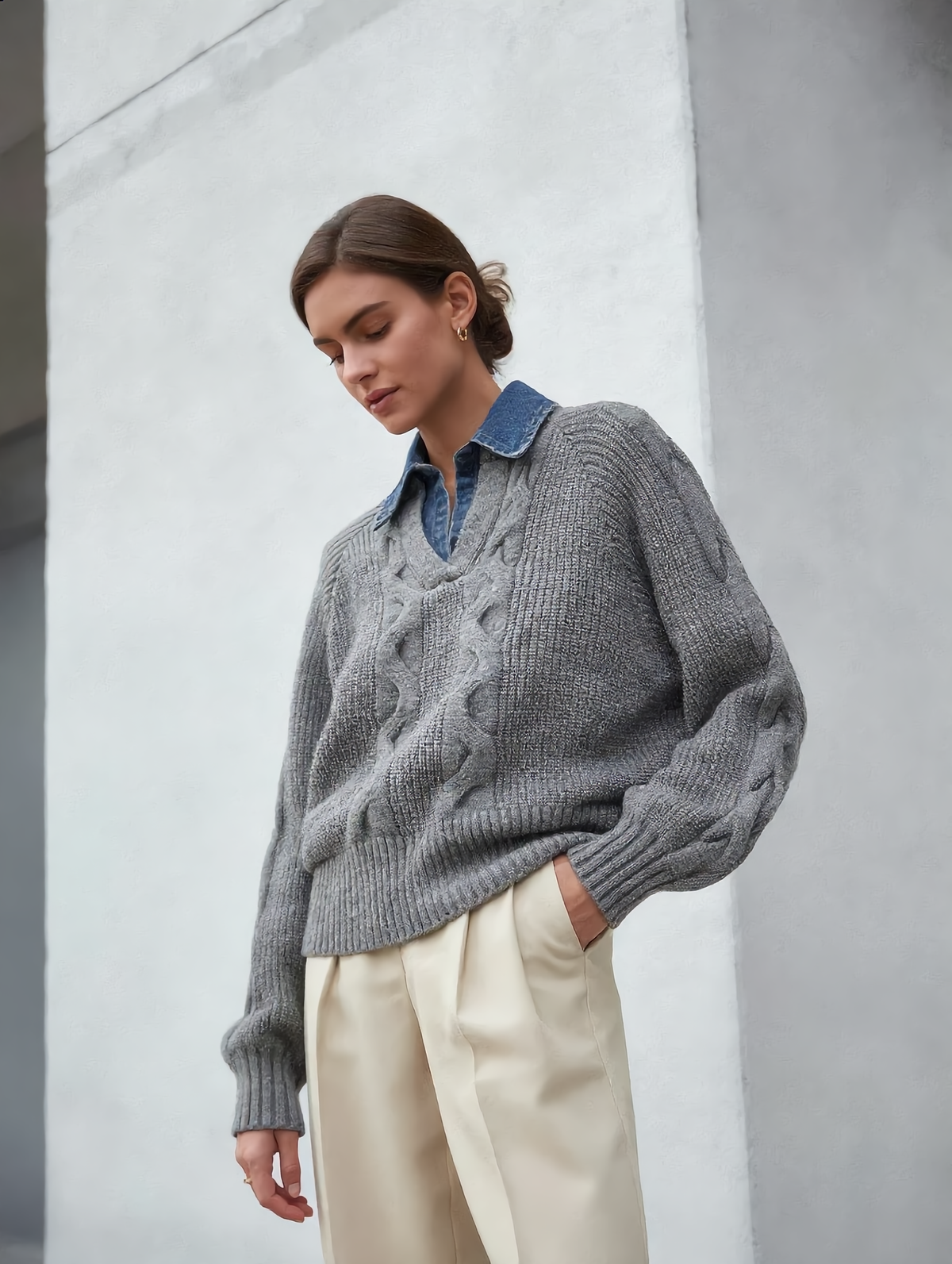 Denim Panel Ribbed Lapel Sweater