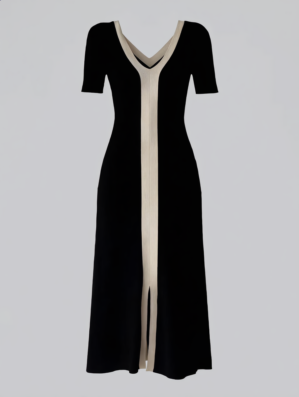 Two Tone V-Neck Knit Slit Midi Dress