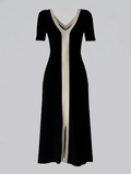 Two Tone V-Neck Knit Slit Midi Dress