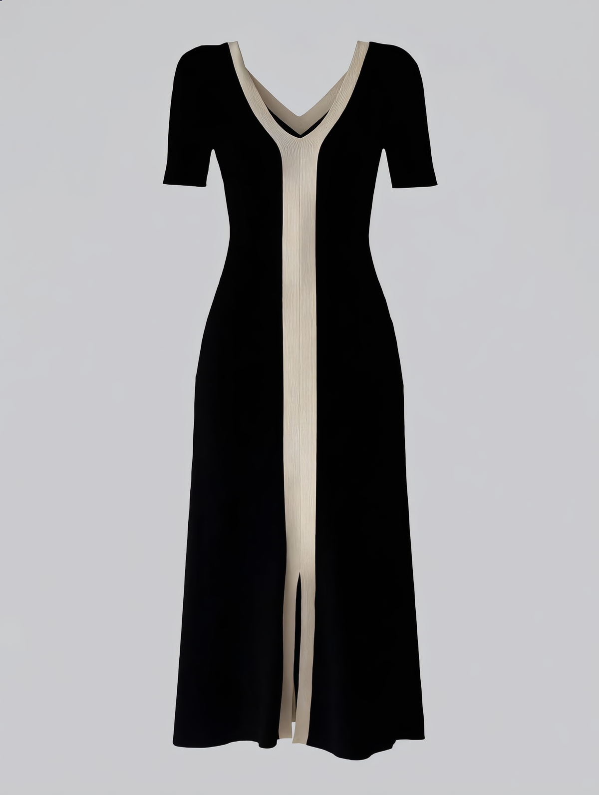 Two Tone V-Neck Knit Slit Midi Dress