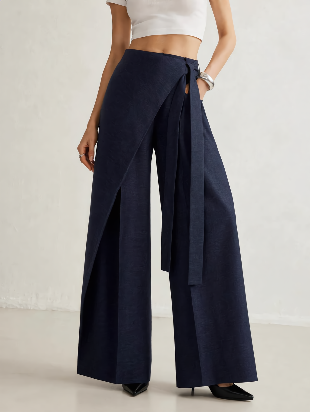 Asymmetric Wrap Wide-Leg Pants