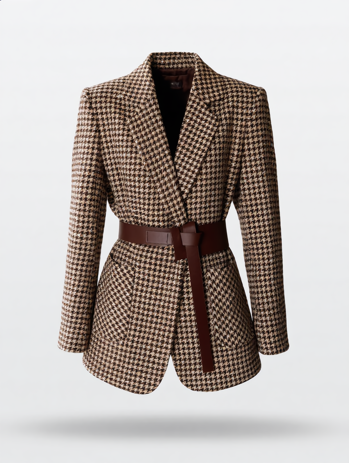 Houndstooth Split Blazer With Belt