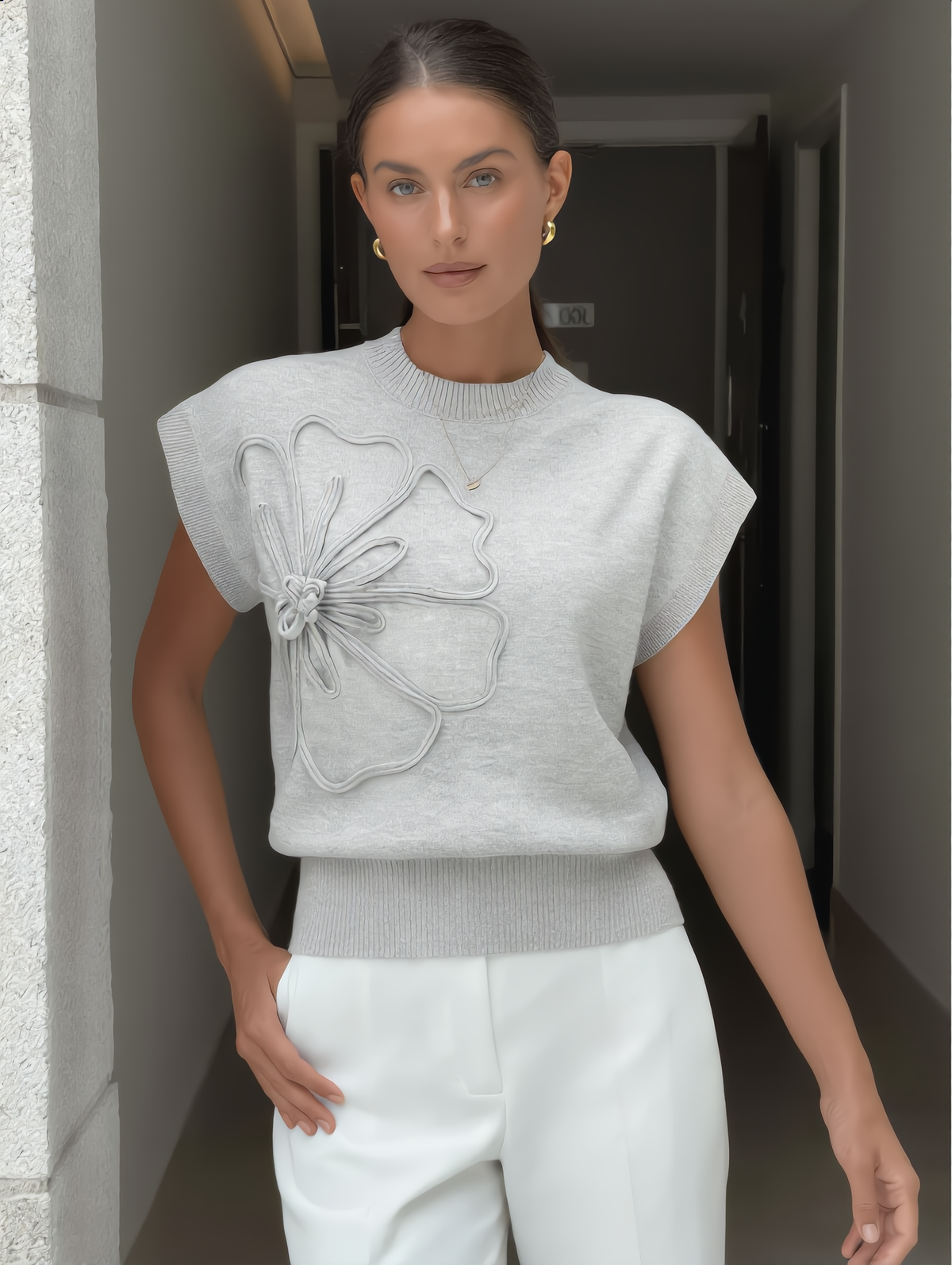 Flower Applique Cap Sleeve Knit Top