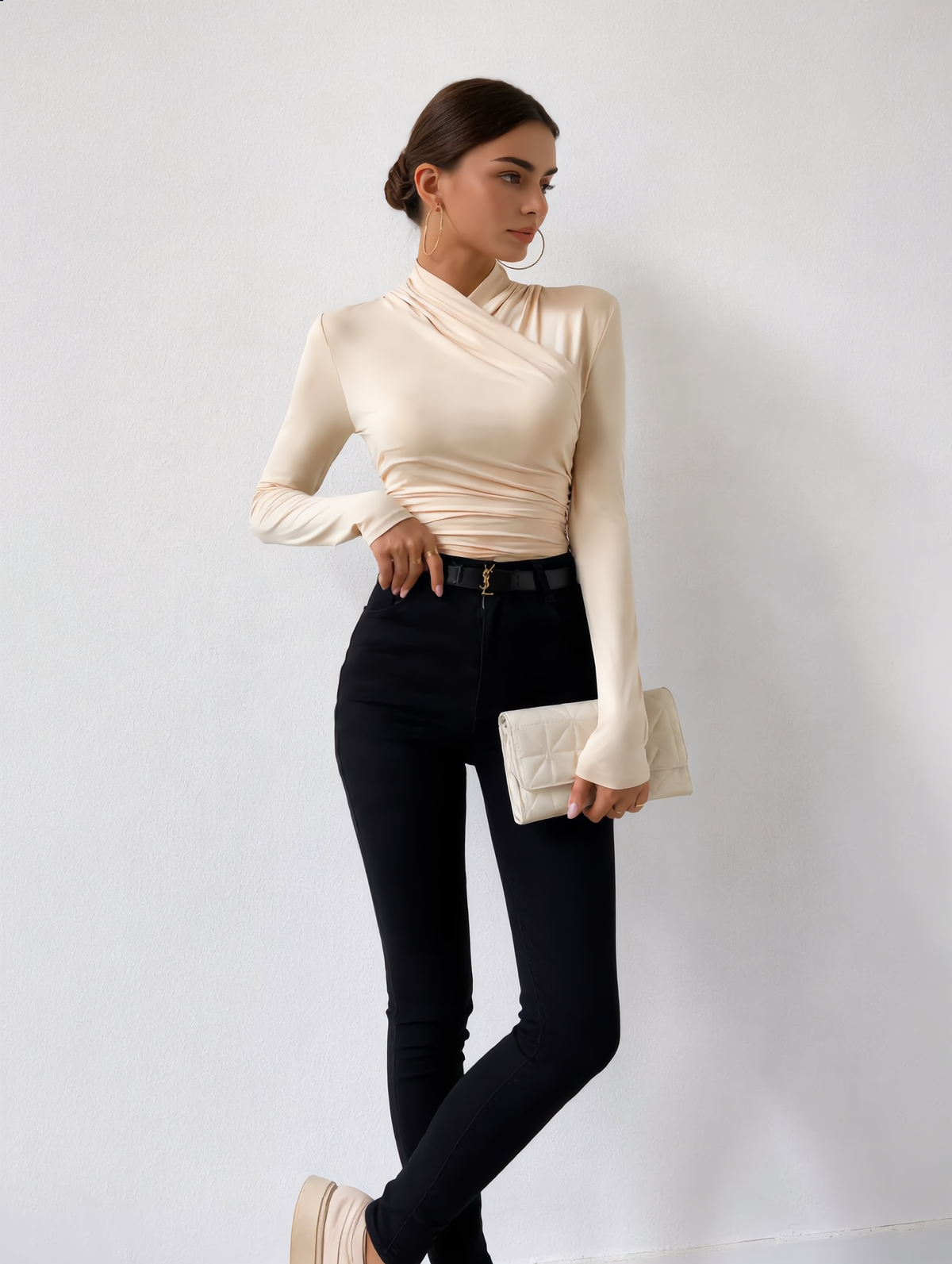 Cross-Over Collar Pleated Cinched T-Shirt