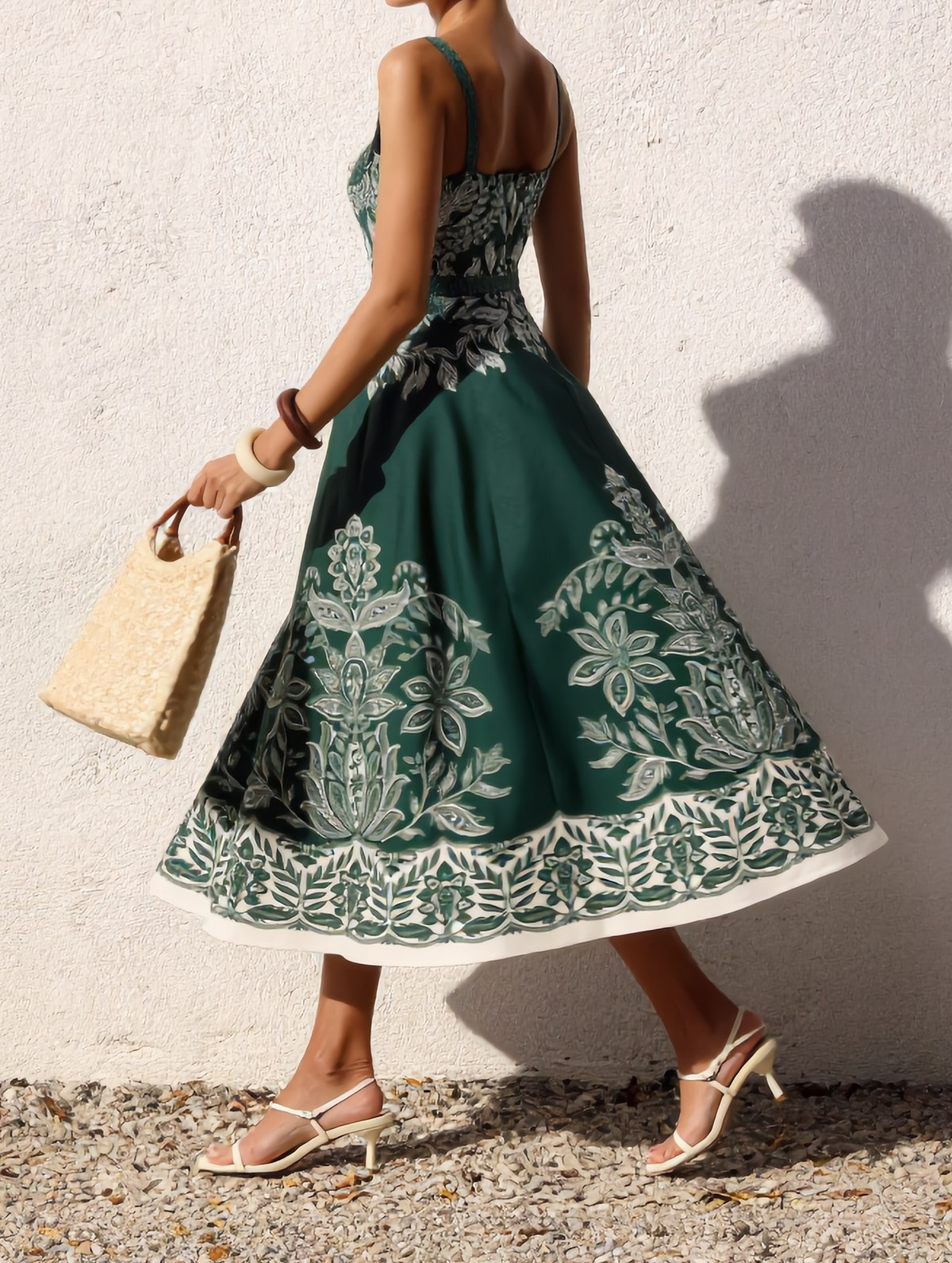 Baroque Floral Print Belted Cami Maxi Dress