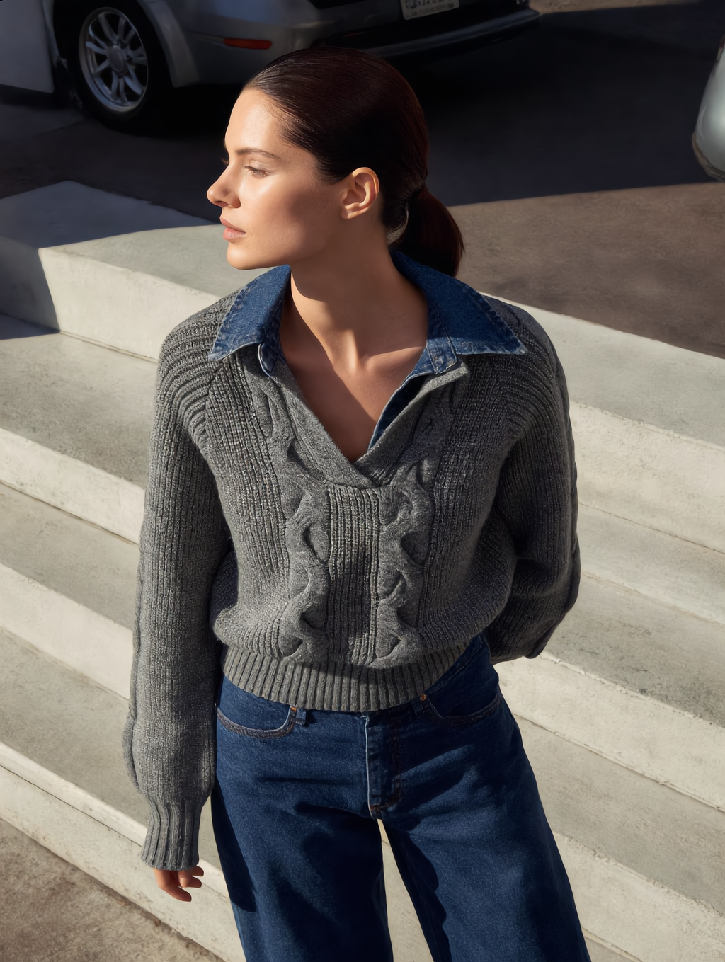 Denim Panel Ribbed Lapel Sweater