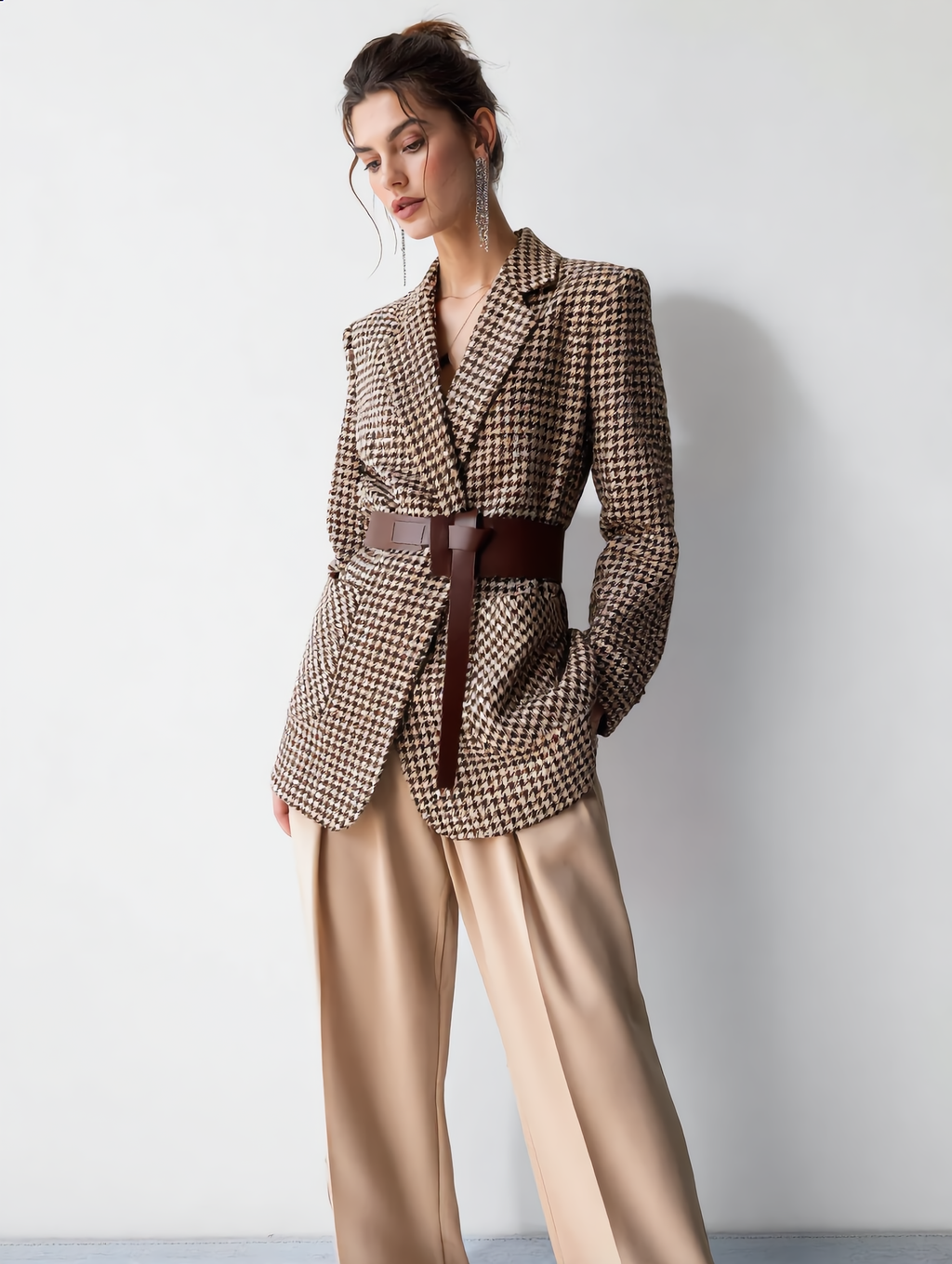 Houndstooth Split Blazer With Belt