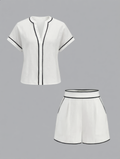Cotton Linen Contrast Trim Top & Shorts Set