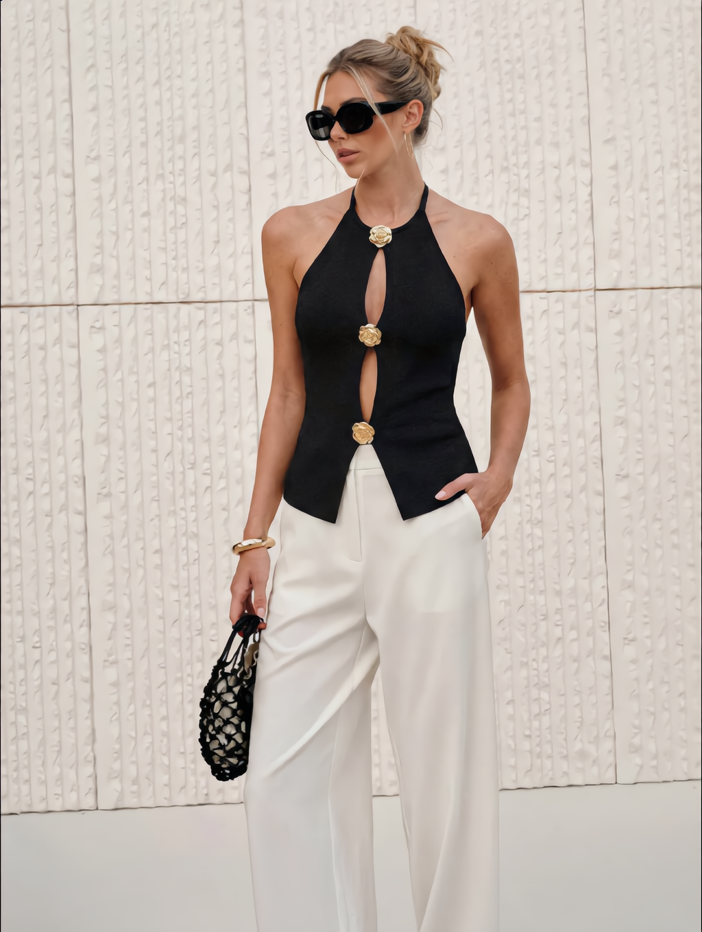 Cut-Out Floral Button Knit Halter Top