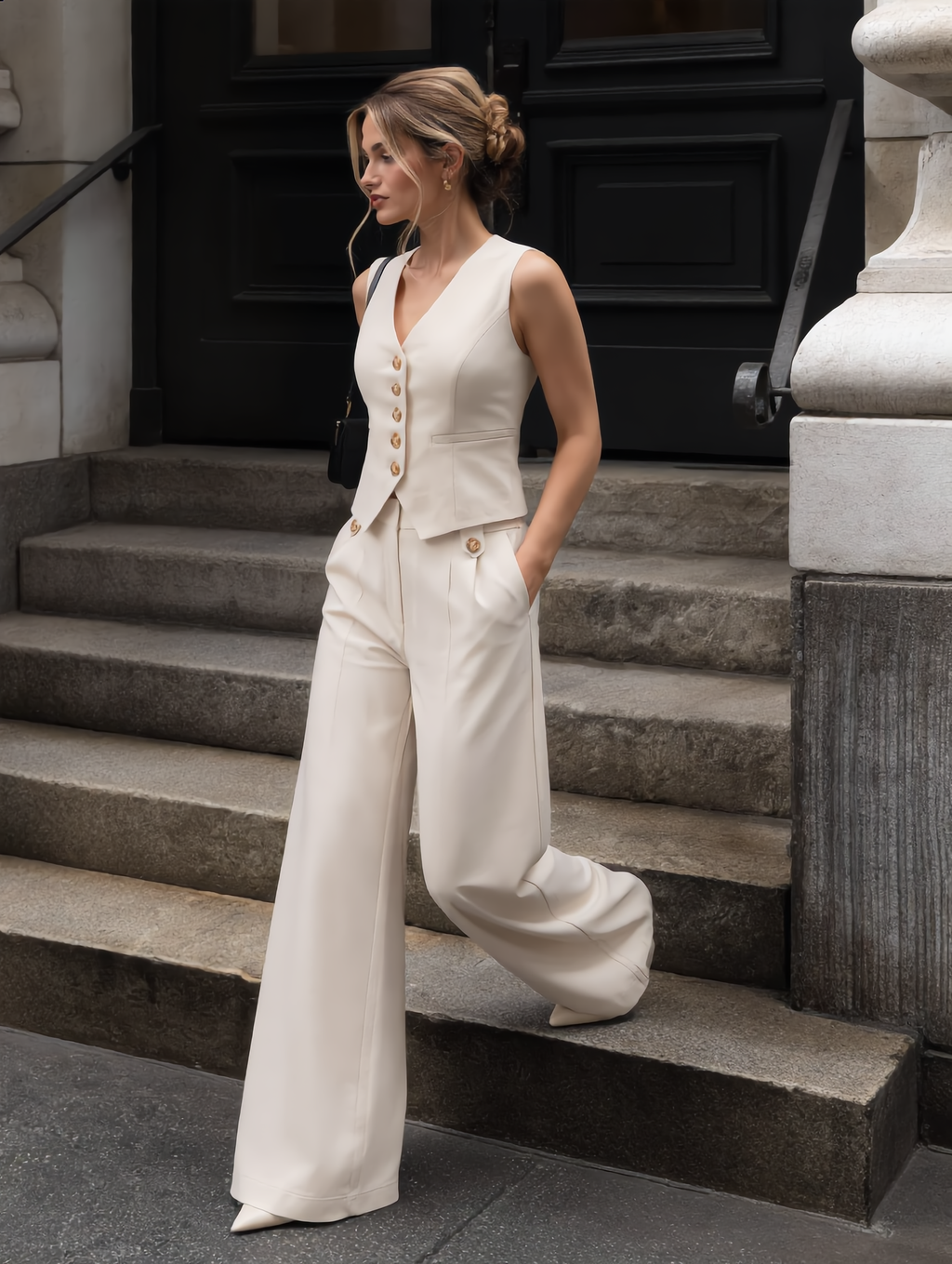V-neck button-front cropped fitted vest and wide-leg trousers set