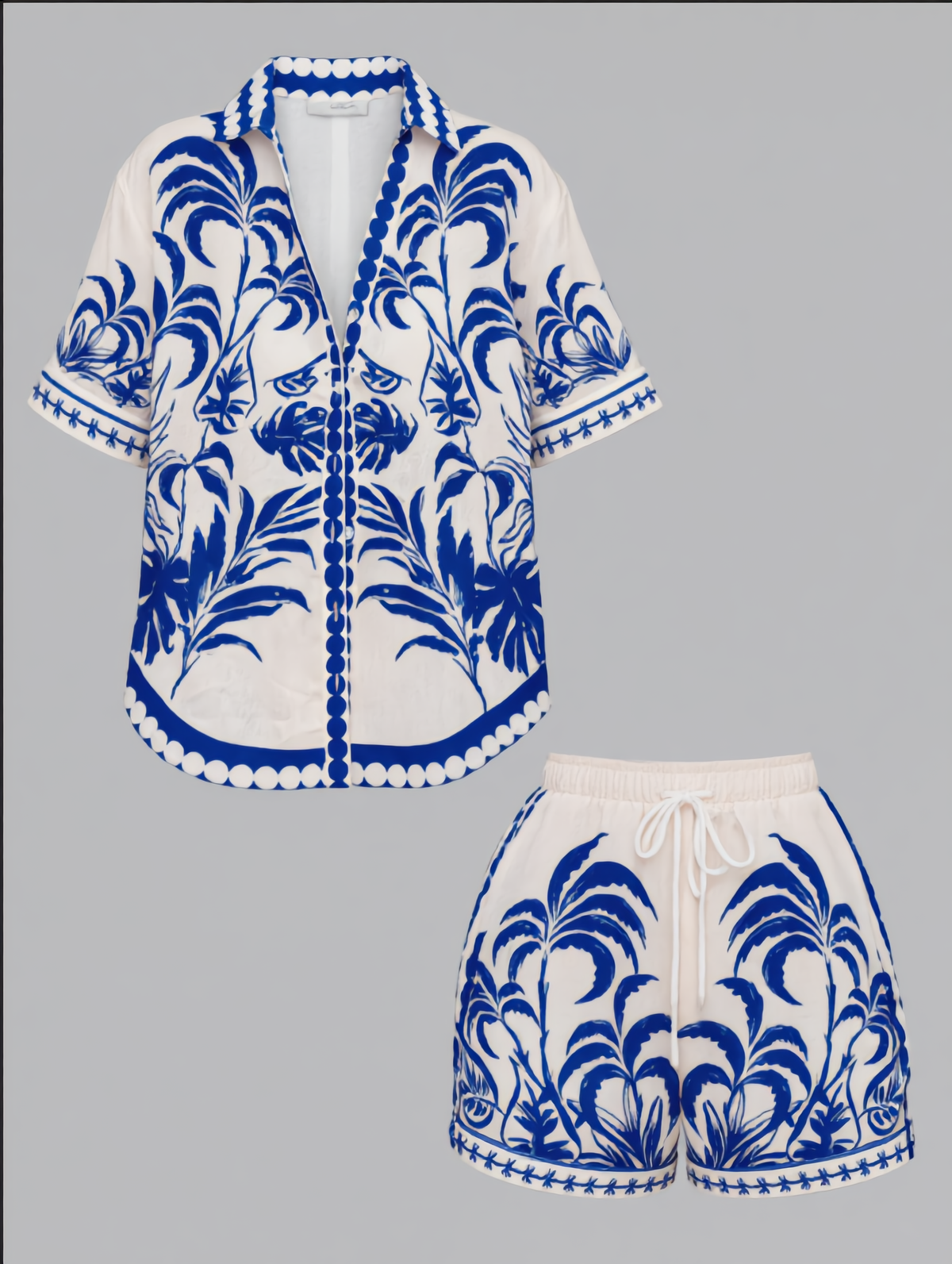Palm Tree Print Shirt & Drawstring Shorts Set