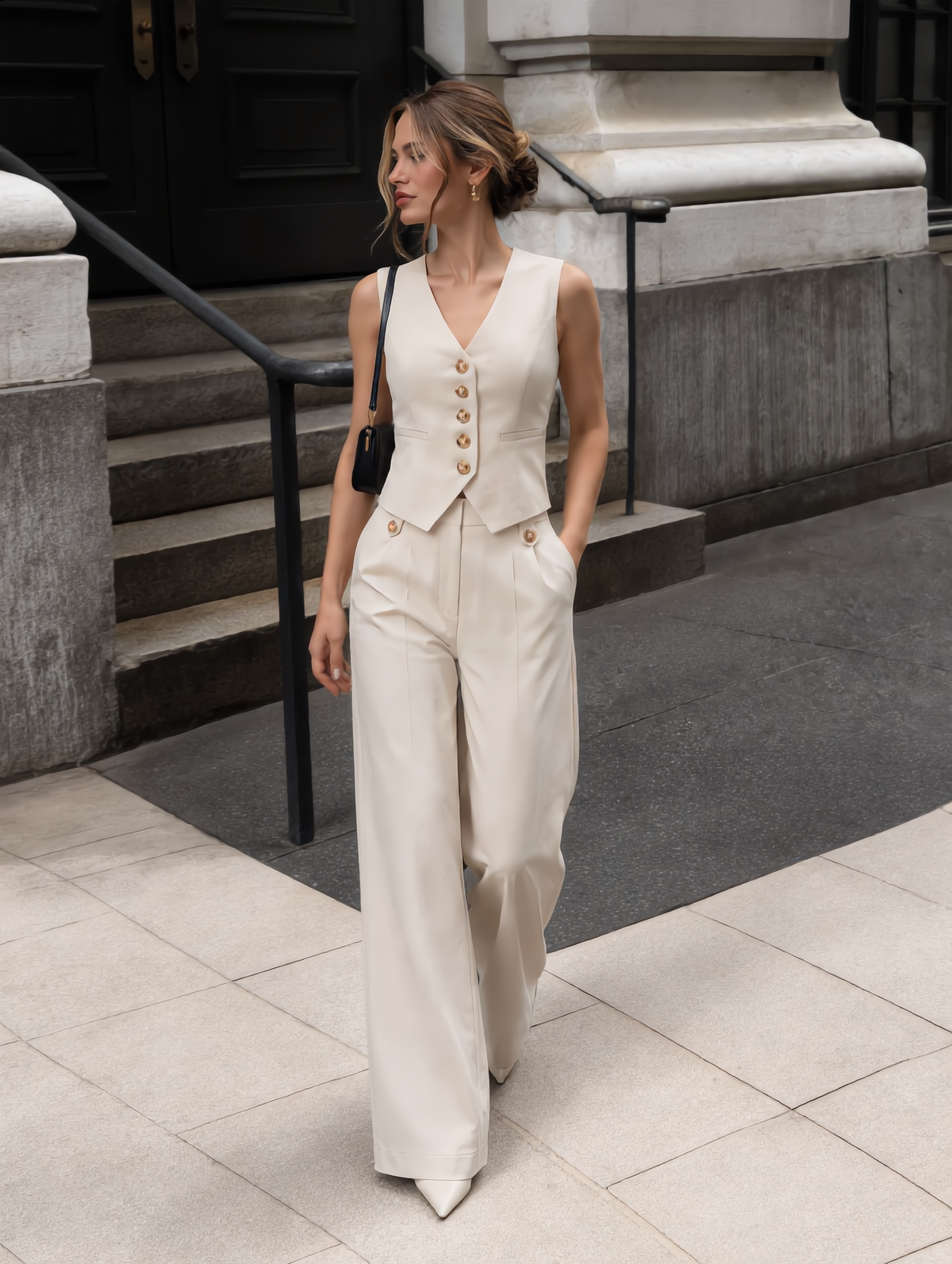 V-neck button-front cropped fitted vest and wide-leg trousers set